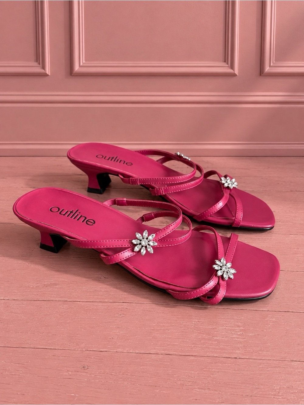 Y2K Hot Pink Strappy Kitten Heel Sandals with Crystal Flower